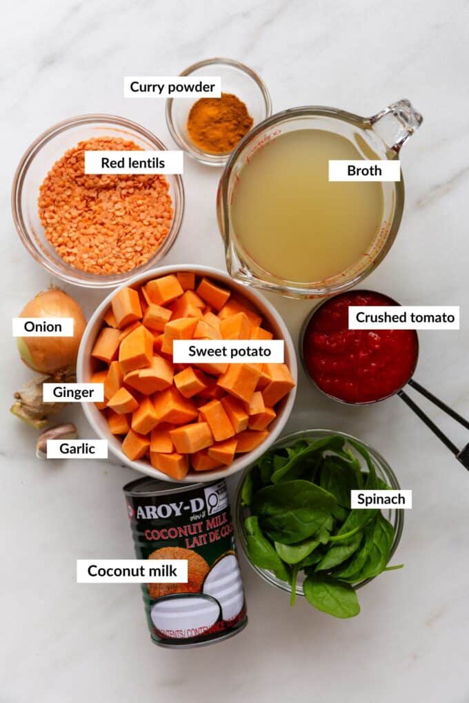 ingredients to make sweet potato lentil curry