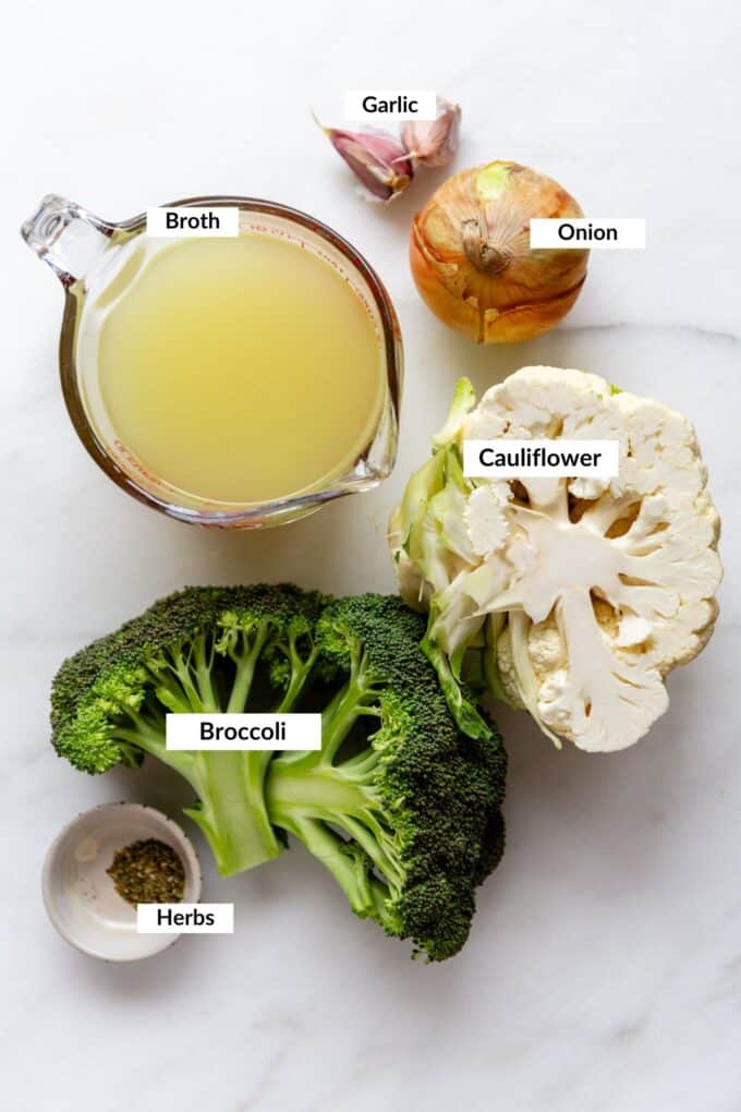 Ingredients to make broccoli cauliflower soup