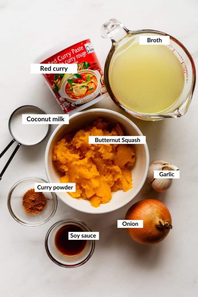 Ingredients for spicy Thai butternut squash soup